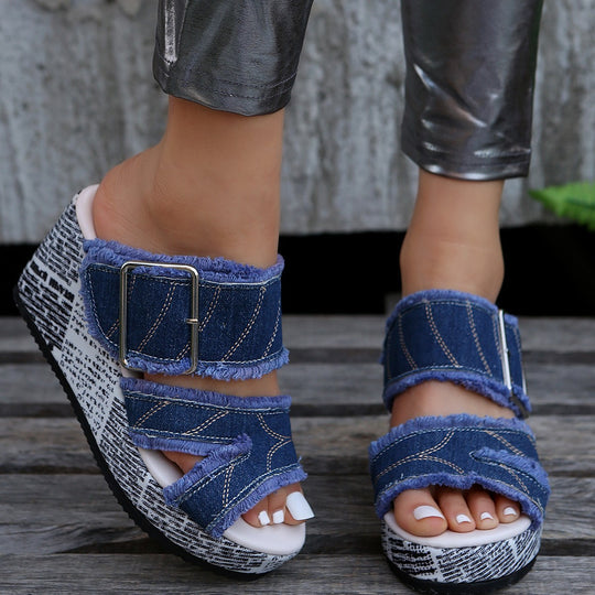 Damen Wedge-Pantoletten mit trendigem Jeans-Design und verstellbarem Riemen R&B