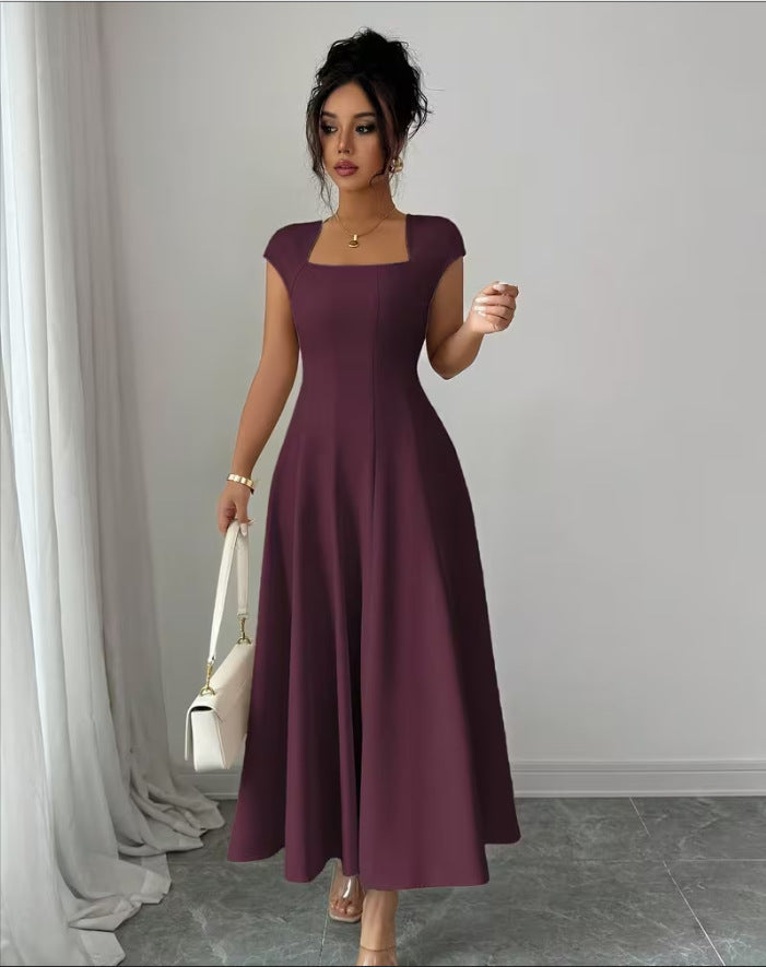 Damen Elegantes Maxikleid mit rechteckigem Ausschnitt und fließendem Rock R&B