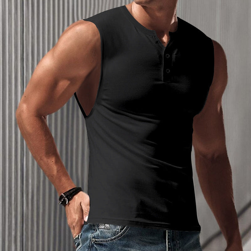 Herren nan ärmelloses Muskelshirt mit Henley-Knopfleiste, tiefem Armausschnitt und elastischem Baumwollmix R&B