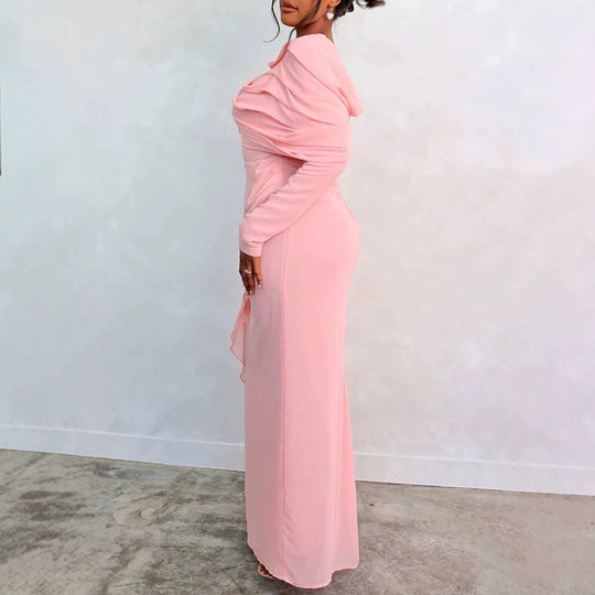Damen Glamouröses Langarmkleid mit drapiertem Oberteil und fließendem Schnitt R&B