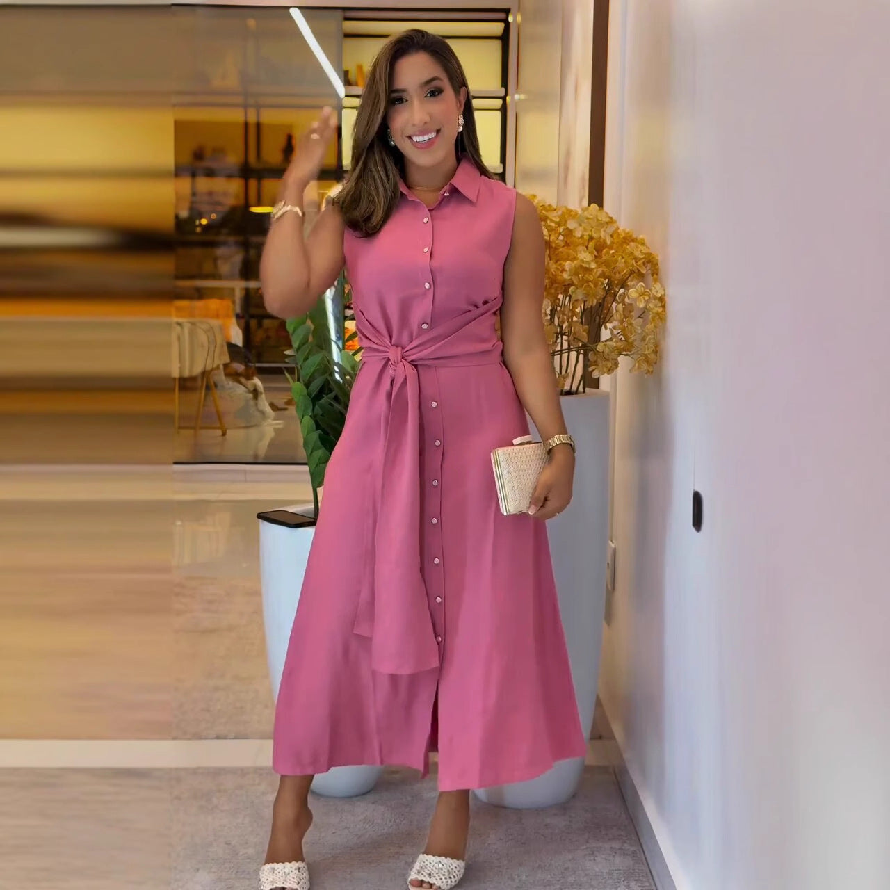 Damen Trägerkleid mit Knoten und Knopfleiste R&B