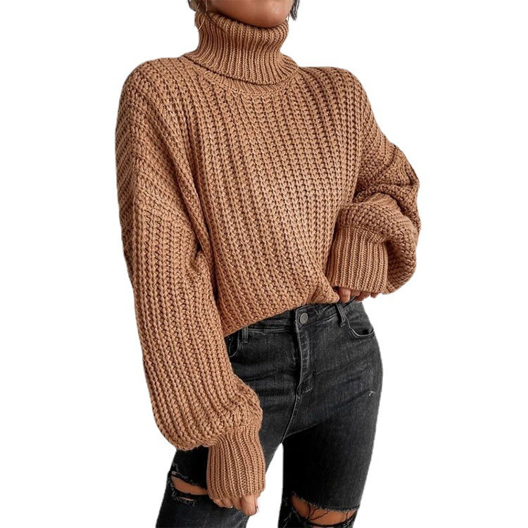 Damen Grob gestrickter Pullover mit hohem Kragen und weit ausgestellten Ärmeln R&B