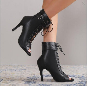 Damen Schnürstiefeletten mit offener Zehenpartie und hohem Absatz R&B