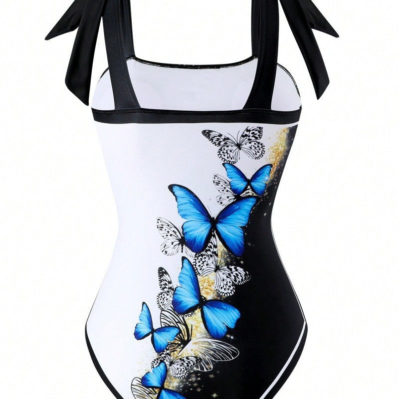 Damen Einteiler Badeanzug mit schickem Wickelrock und Butterfly-Motiv R&B