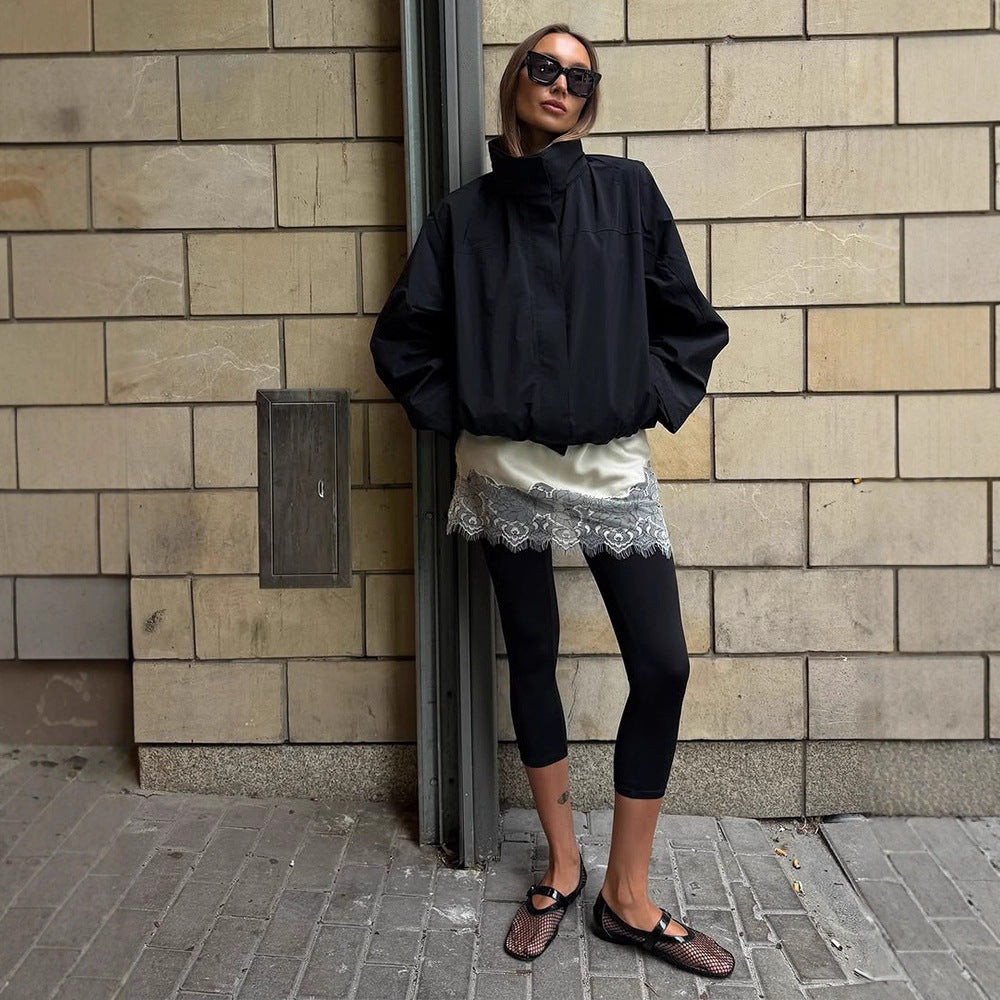 Damen lässige oversized Jacke mit hohem Kragen und verstellbarem Verschluss R&B