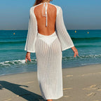 Damen Häkel-Maxikleid mit elegantem V-Ausschnitt und detailverliR&Btem Design R&B