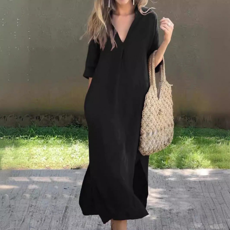 Damen Lässiges Maxikleid mit V-Ausschnitt und praktischen Seitenschlitzen R&B