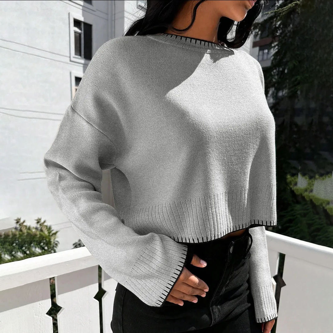 Damen lässiger Cropped Pullover mit feiner Rippstruktur und elastischem Bund R&B