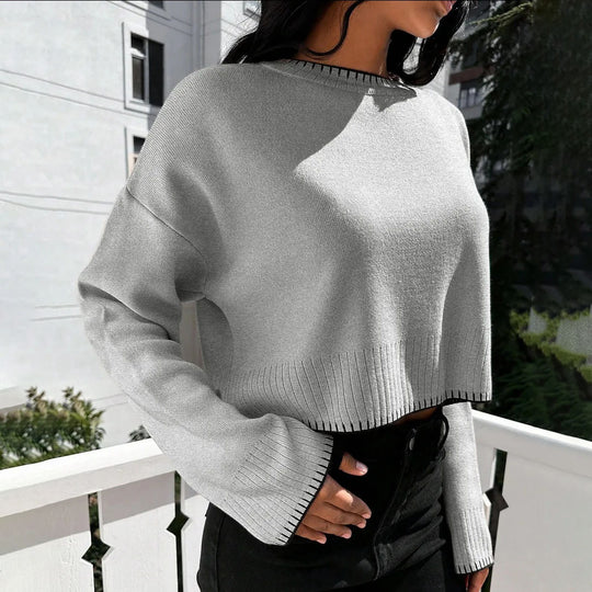 Damen lässiger Cropped Pullover mit feiner Rippstruktur und elastischem Bund R&B