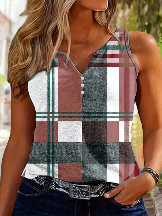 Damen ärmelloses V-Neck Top mit dekorativem Knopfdetail und modernem Karomuster R&B