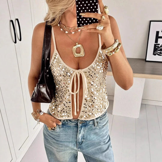 Damen Glitzerndes Top mit V-Ausschnitt und Bindeband R&B