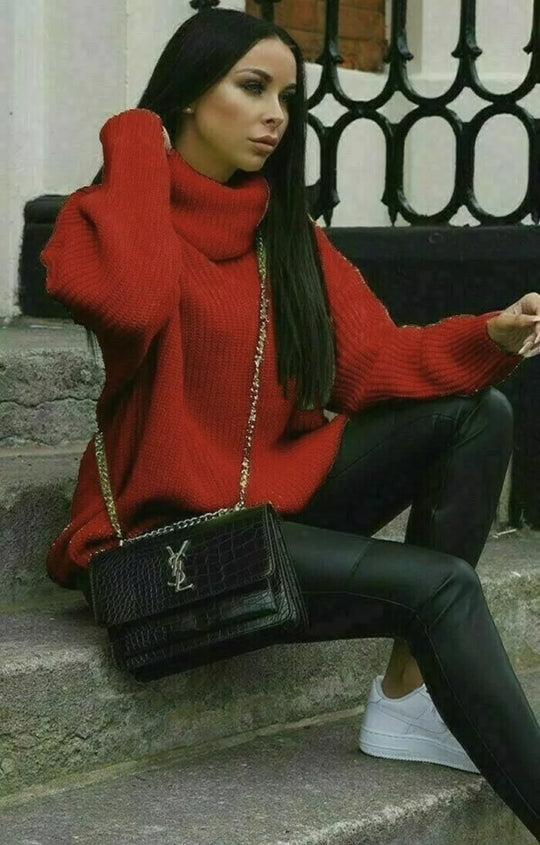 Damen Oversized Strickpullover mit hohem Kragen und modernem Schnitt R&B