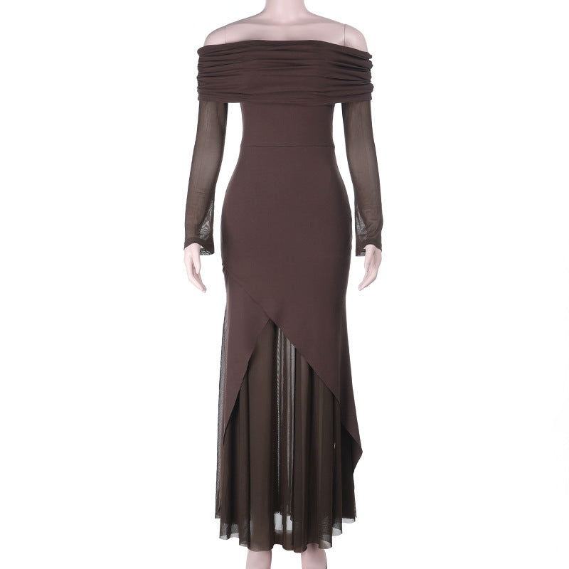 Damen elegantes schulterfreies Maxikleid mit raffiniertem Rüschenoberteil und asymmetrischem Saum R&B