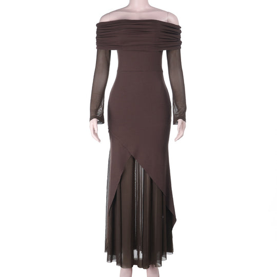Damen elegantes schulterfreies Maxikleid mit raffiniertem Rüschenoberteil und asymmetrischem Saum R&B