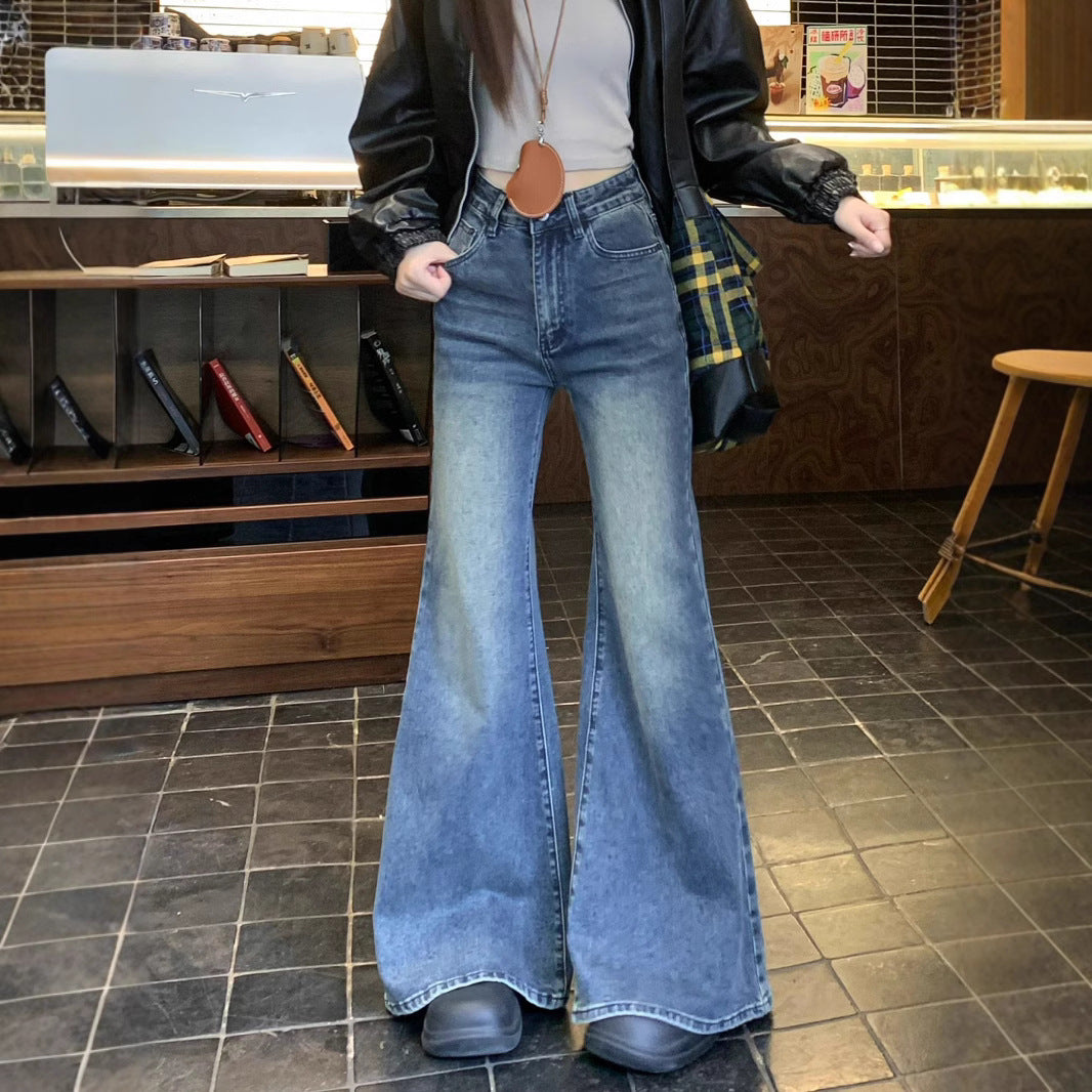 Damen weit geschnittene Flared-Jeans mit hohem Bund und modischem Design R&B