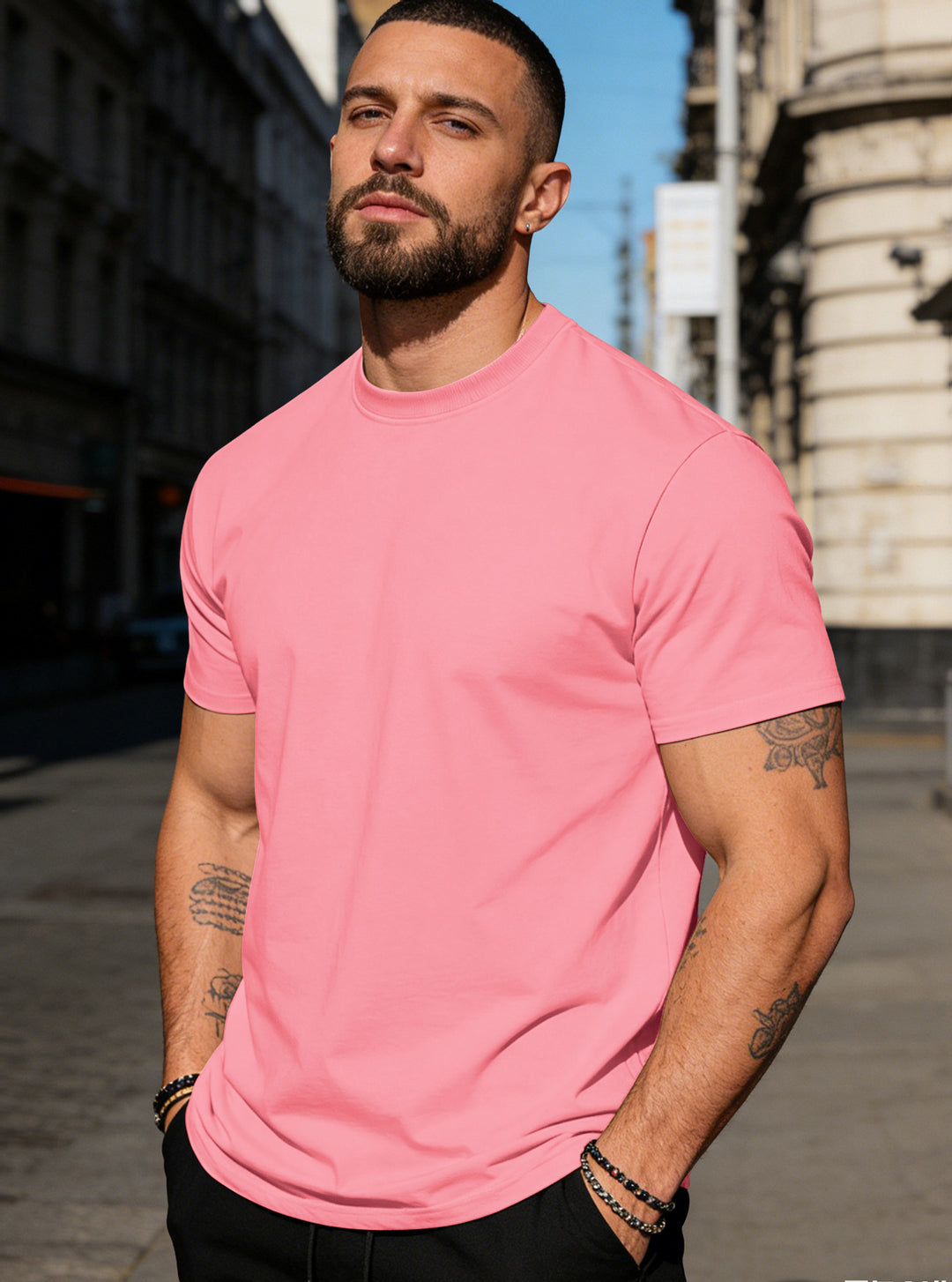Herren nan körperbetontes hochwertiges Baumwollshirt mit Rundhalsausschnitt R&B