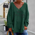 Damen Oversized Pullover mit modernem V-Ausschnitt und aufgedrucktem Statement R&B