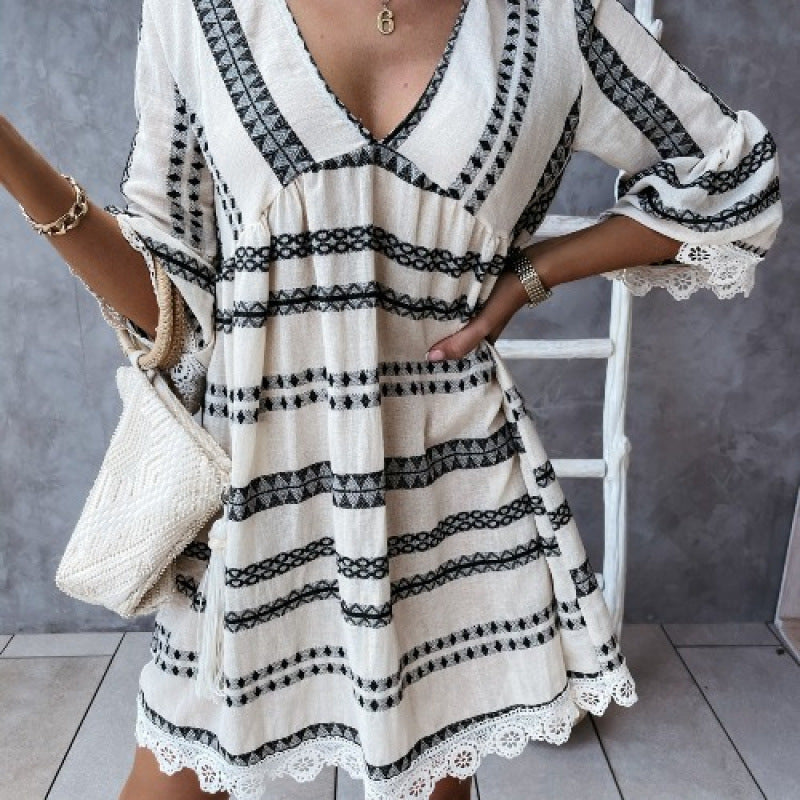 Damen Bohemian-Stil Schlagärmel Mini Kleid R&B