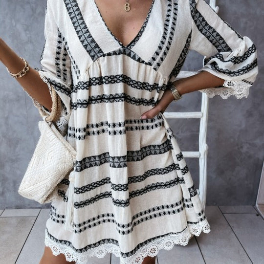 Damen Bohemian-Stil Schlagärmel Mini Kleid R&B