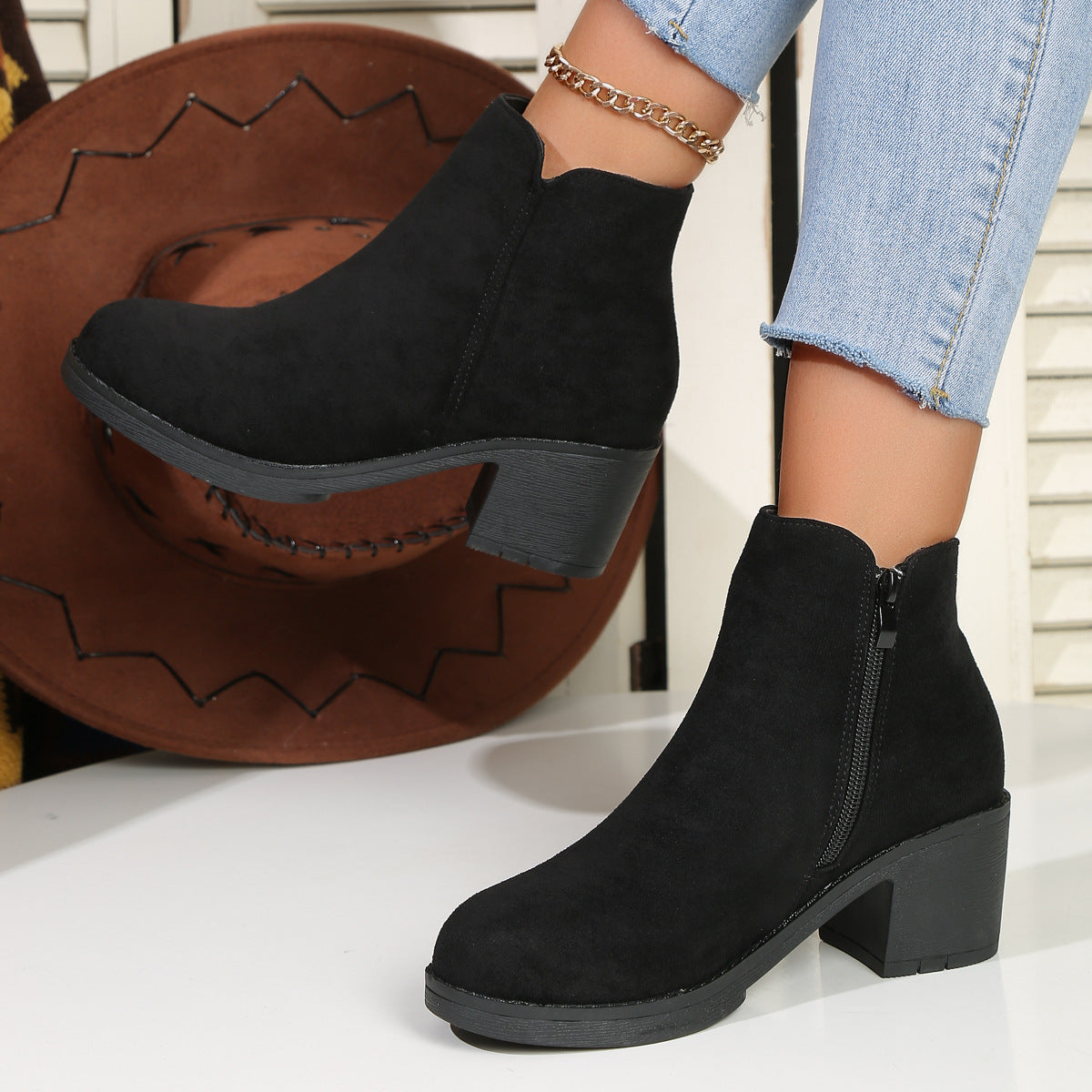 Damen nan elegante Stiefelette mit mittelhohem Blockabsatz, seitlichem Reißverschluss und gepolstertem Komfortfußbett R&B
