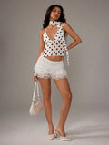 Damen Polka-Dot Oberteil mit dekorativem Halstuch und leichtem Stoff R&B