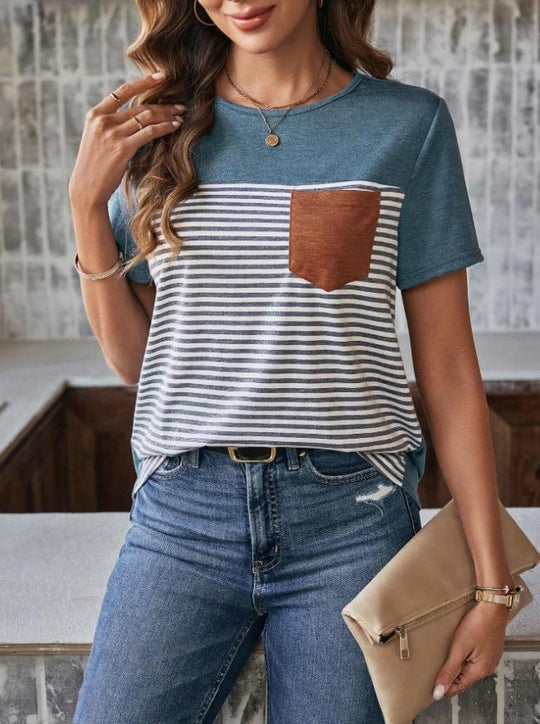 Damen Trendiges T-Shirt mit gestreiftem Design und Leder-Tasche R&B