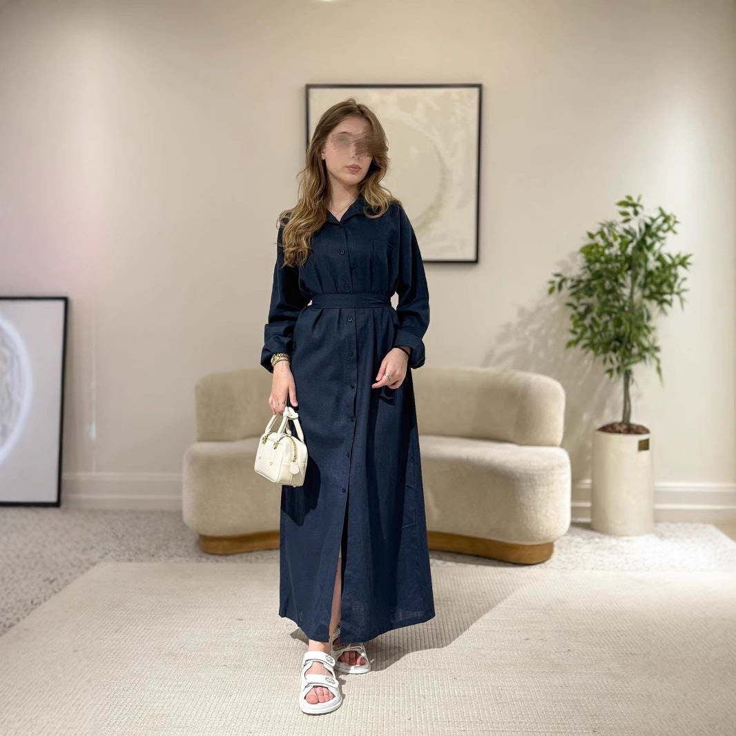 Damen Langarmhemdkleid mit Taillengürtel und Knopfleiste R&B