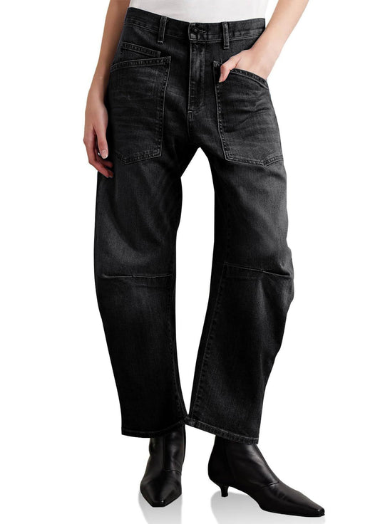 Damen Weite Denim-Hose mit hohem Bund und Taschen