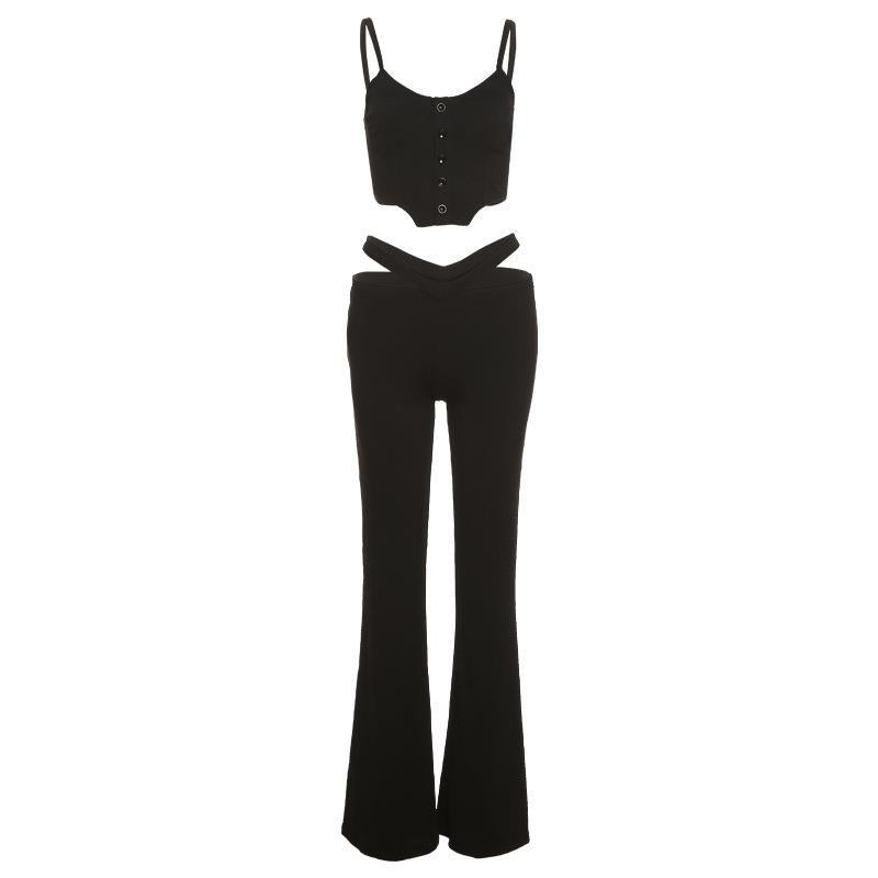 Damen Trendiges Set aus Crop-Top mit Knopfdetails und Flared-Hosen R&B