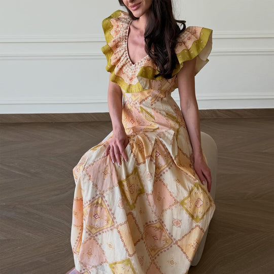 Damen Maxikleid mit voluminösen Rüschendetails und elegantem V-Ausschnitt R&B
