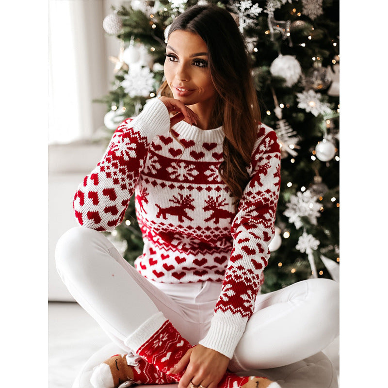 Damen Strickpullover mit weihnachtlichem Muster und Rundhalsausschnitt R&B
