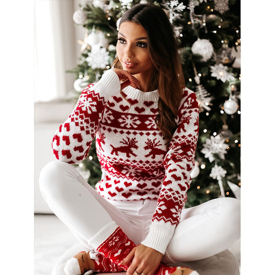 Damen Strickpullover mit weihnachtlichem Muster und Rundhalsausschnitt R&B