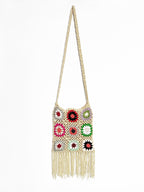 Damen gehäkelte Umhängetasche mit bunten Blumenmustern und Fransen R&B