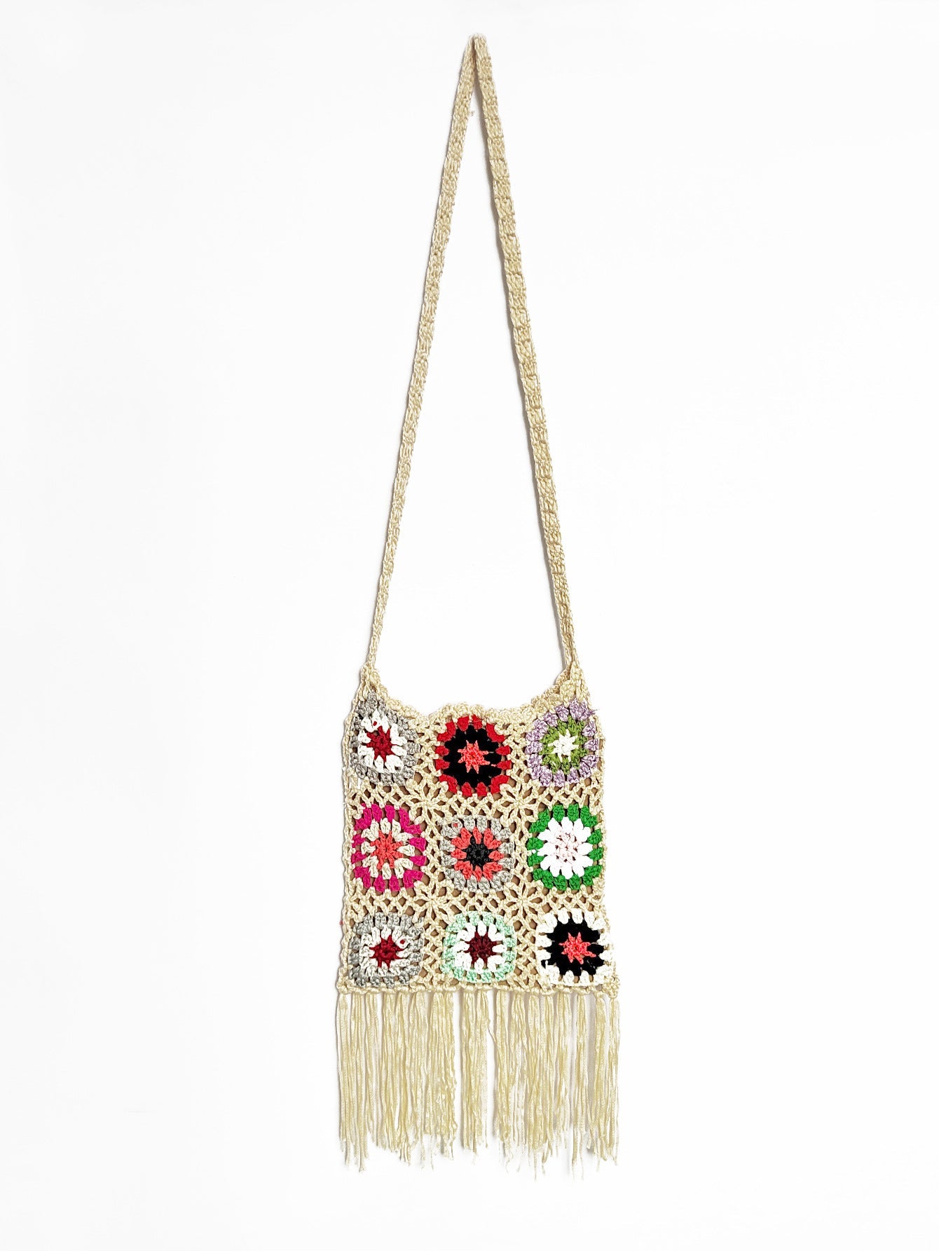Damen gehäkelte Umhängetasche mit bunten Blumenmustern und Fransen R&B