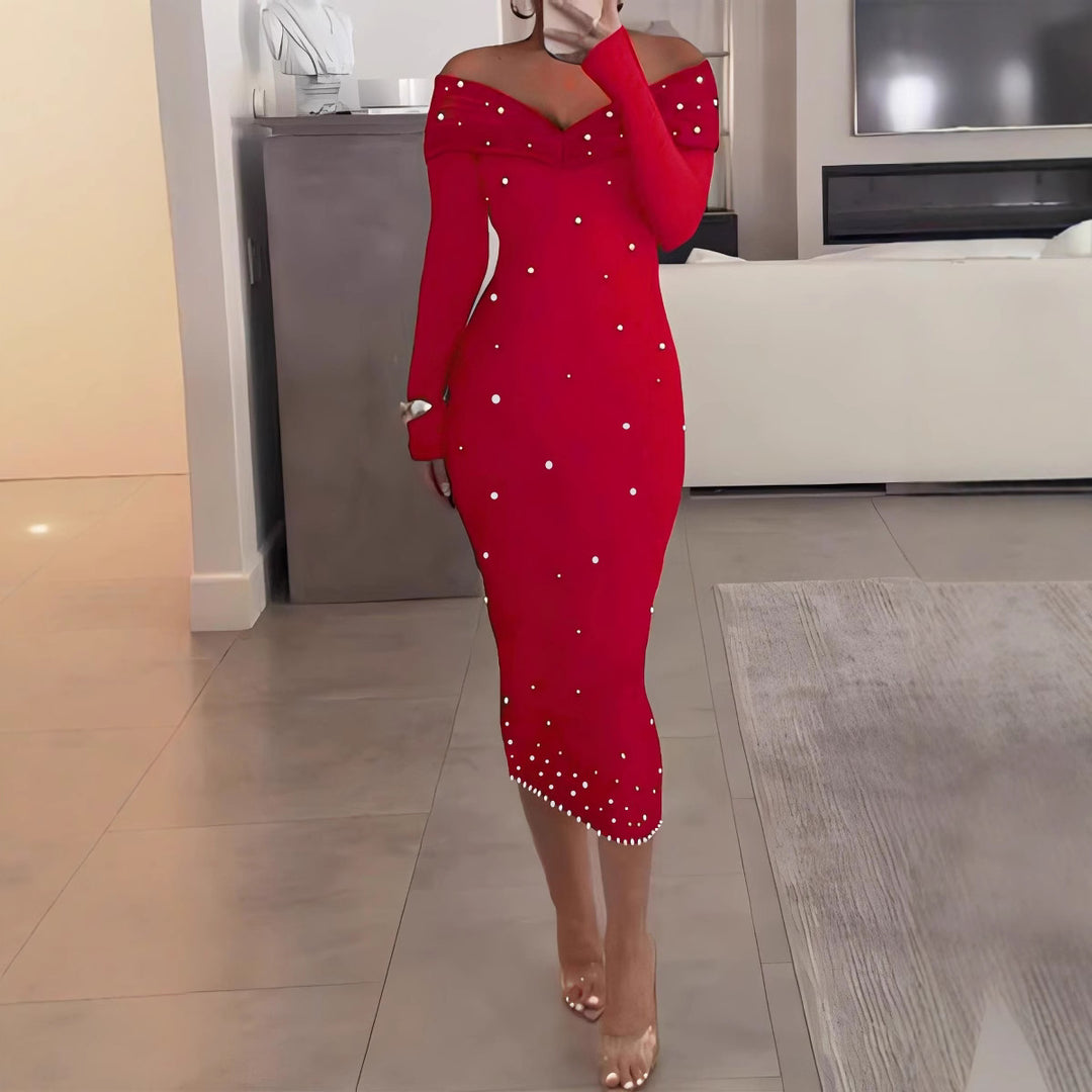 Damen Elegantes Off-Shoulder-Midi-Kleid mit Perlenverzierung R&B
