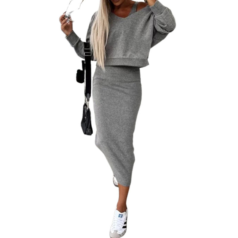 Damen lässiges Set aus cropped Pullover und figurbetonendem Midi-Rock R&B