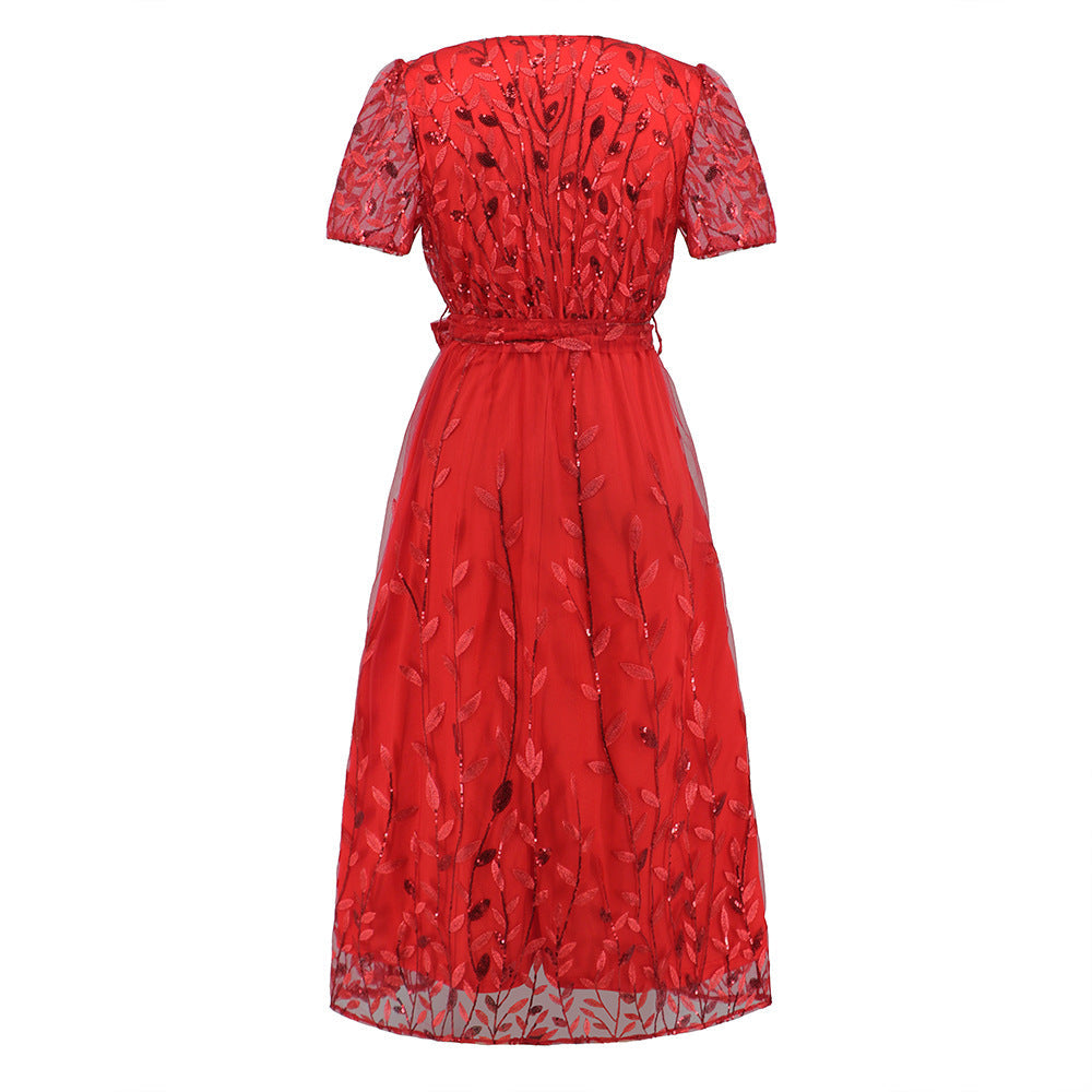 R&B | Kurzärmliges Kreuz V-Ausschnitt Gürtel Midi Kleid