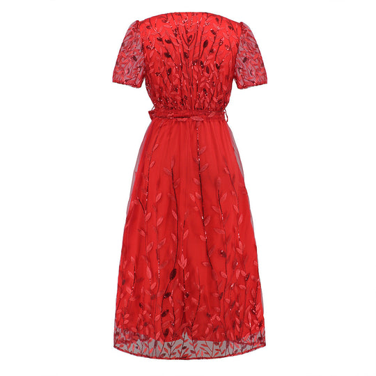 R&B | Kurzärmliges Kreuz V-Ausschnitt Gürtel Midi Kleid