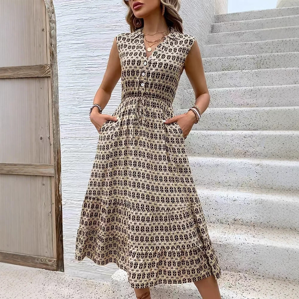 Damen Maxikleid mit Knopfleiste und elastischer Taille R&B