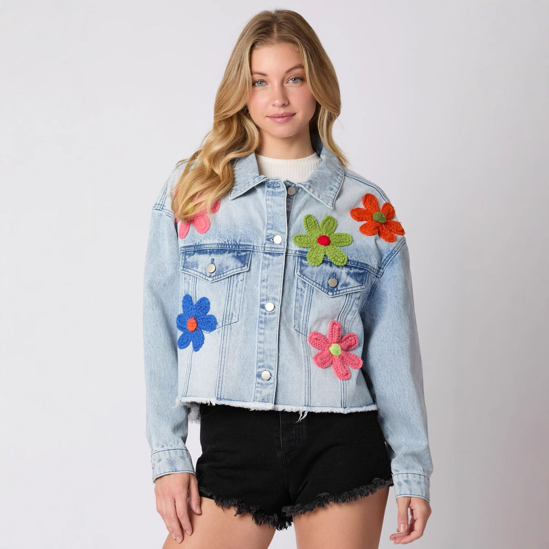 Damen Jeansjacke mit buntem Rugby-Print und lässigem Schnitt R&B