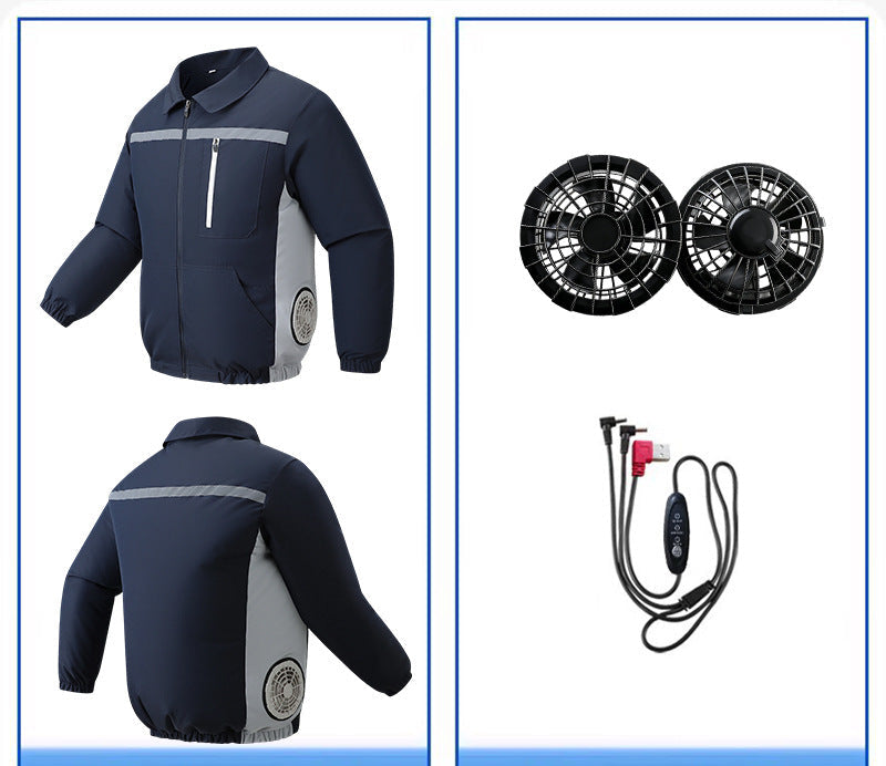 Unisex nan ventilated work cooling jacket with side vent inserts, removable battery compartment and reflective inserts R&B