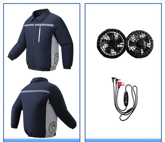 Unisex nan ventilated work cooling jacket with side vent inserts, removable battery compartment and reflective inserts R&B
