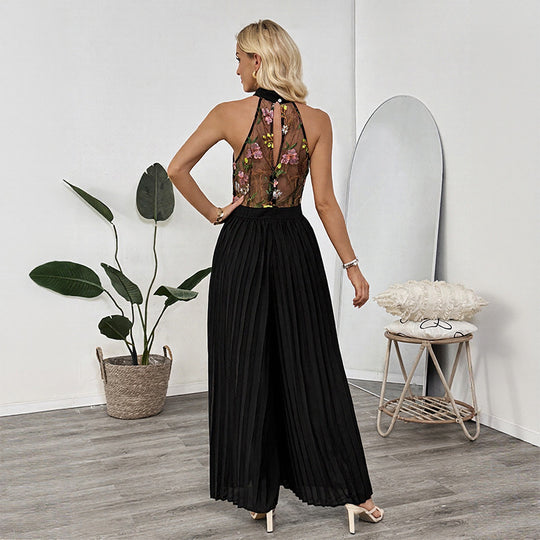 Damen Plissierter Jumpsuit mit floralem Spitzeinsatz und hohem Kragen R&B