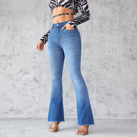 Damen Flared Jeans mit hohen Bund und ausgefranstem Saum R&B