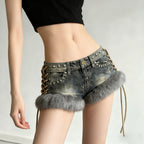 Damen Modische Denim-Shorts mit luxuriösem Kunstfell und Schnürdetails R&B
