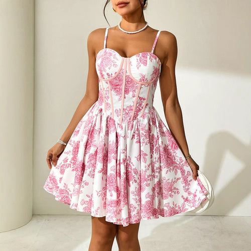 Damen Blumenkleid mit Korsett-Oberteil und schwingendem Rock R&B