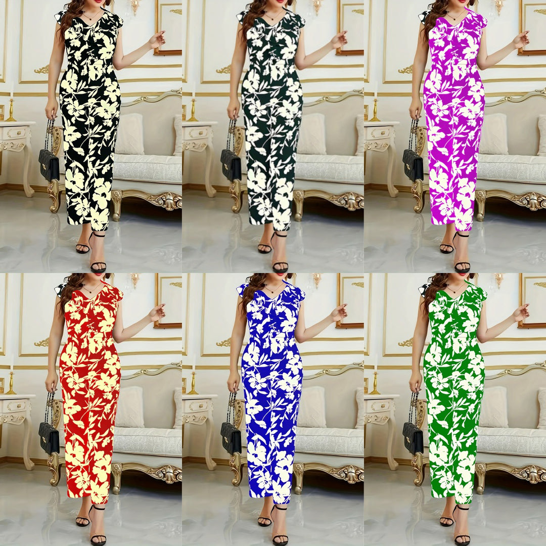 Damen Maxikleid mit floralen Akzenten und elegantem V-Ausschnitt R&B