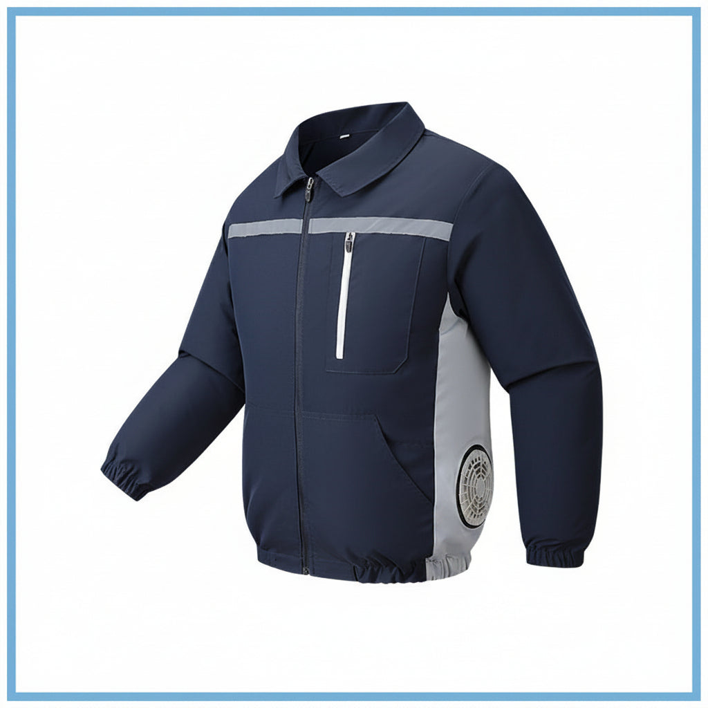 Unisex nan ventilated work cooling jacket with side vent inserts, removable battery compartment and reflective inserts R&B
