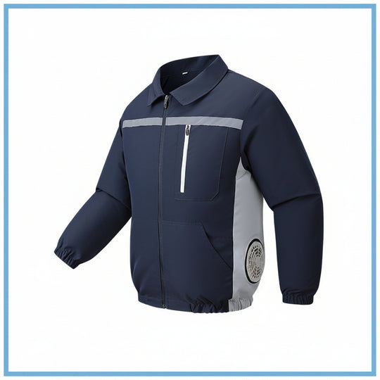 Unisex nan ventilated work cooling jacket with side vent inserts, removable battery compartment and reflective inserts R&B