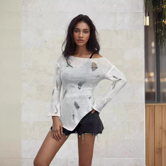 Damen Strickpullover mit lässiger, aufgerissener Optik und weitem Schnitt R&B